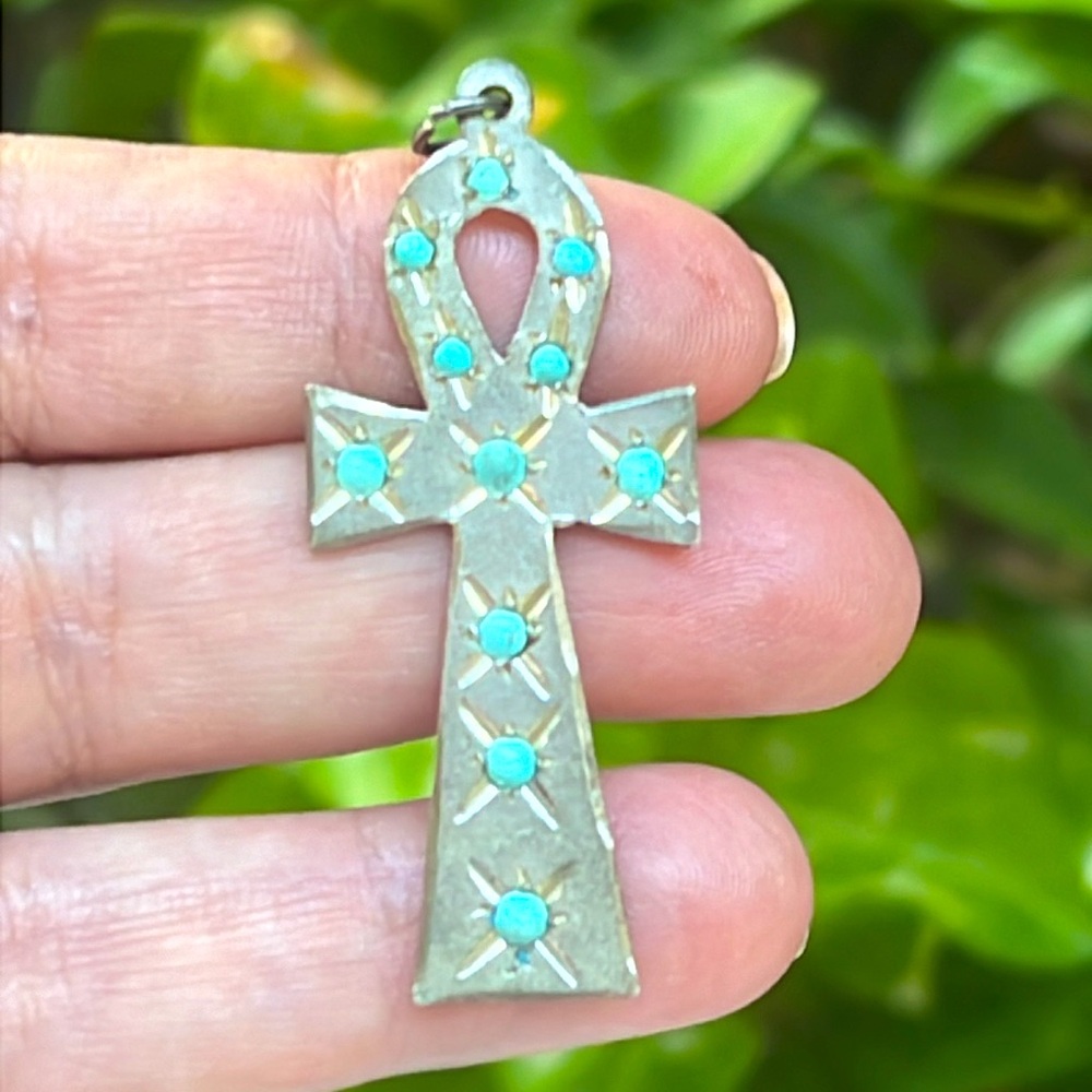 Vintage Silver Ankh Key Pendant with Turquoise Gems